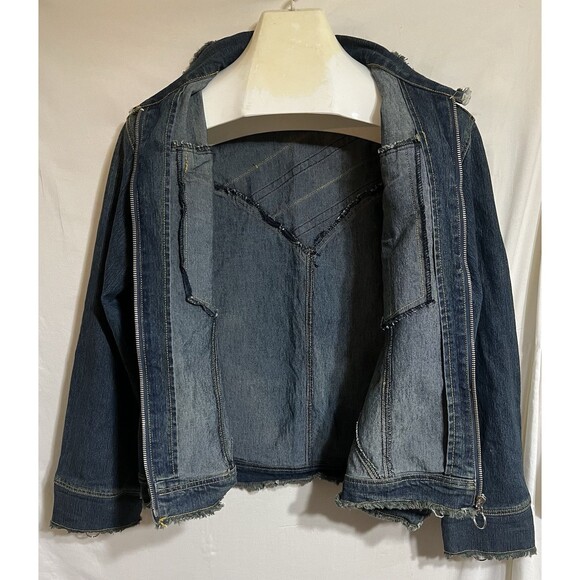 Ashley Stuart denim jacket raw hem rocker rockabilly biker Distressed Festival C - Picture 5 of 8